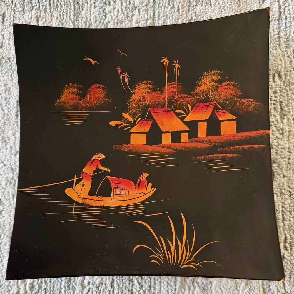 Japanese Black & Red Lacquer Plate Tray Boat Houses Trees Birds People Vintage